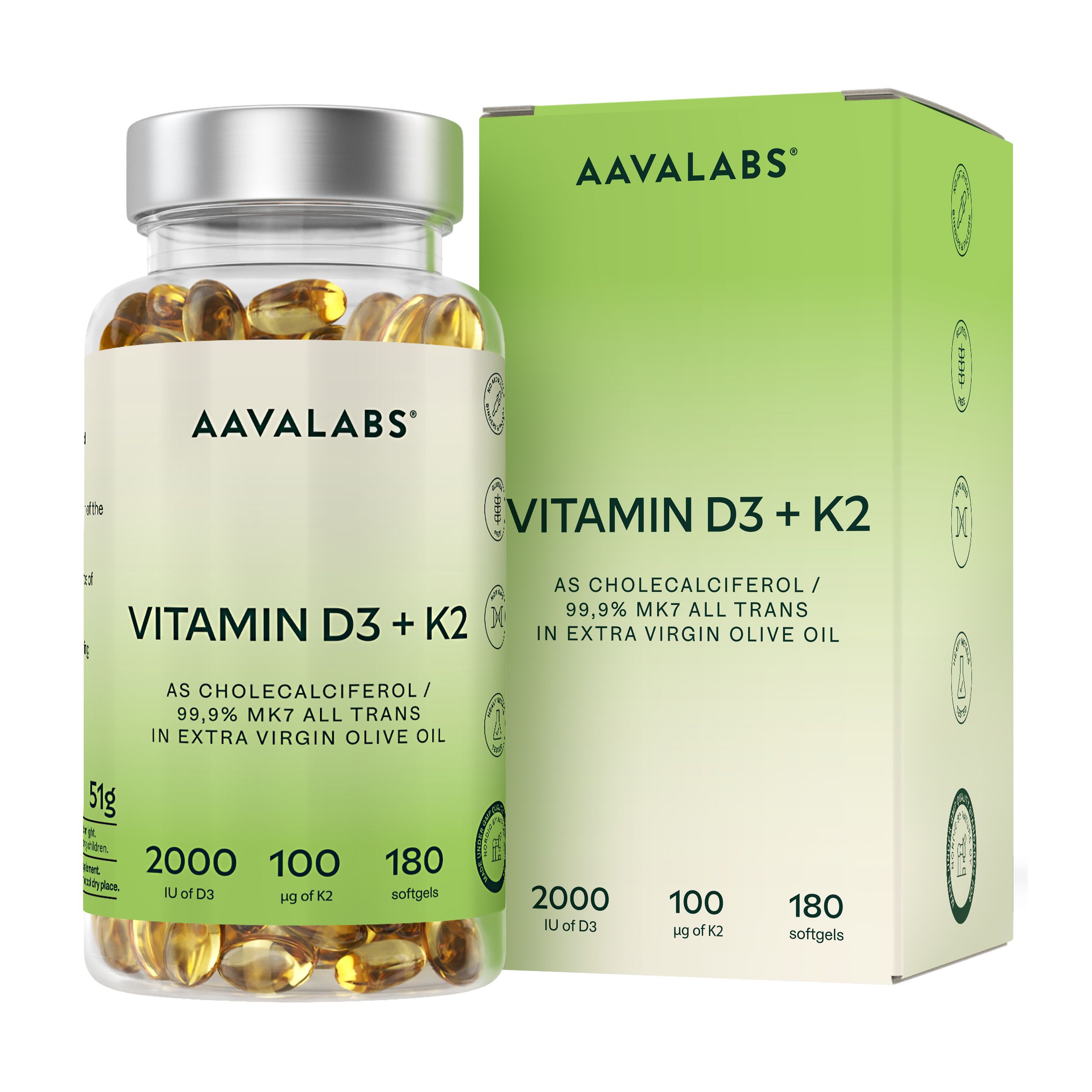 Klarflasche mit Kapseln und Schachtel. Aufschrift: AAVALABS, Vitamin D3 + K2. Enthält 180 Softgels.