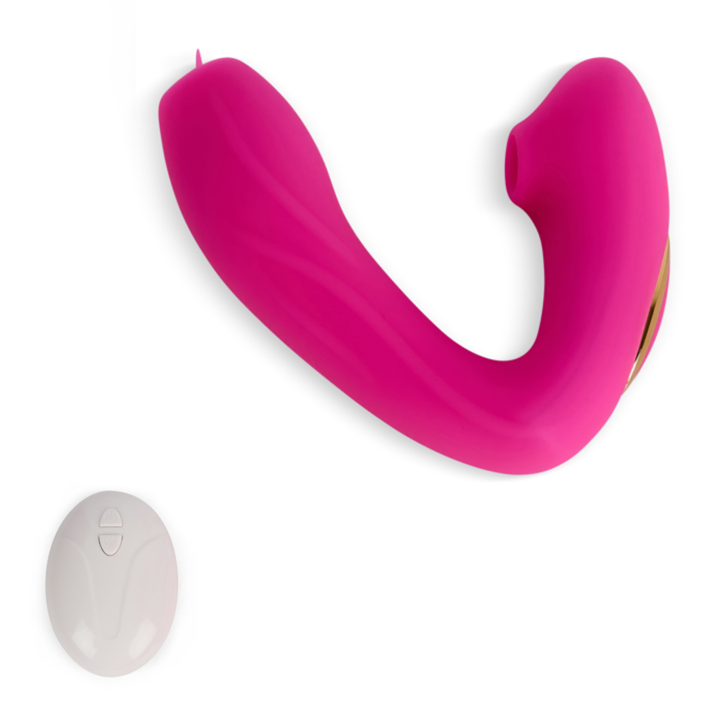 Rosa Wellness-Produkt mit Fernbedienung. Gebogene Form mit zwei Öffnungen. Weiße Fernbedienung.