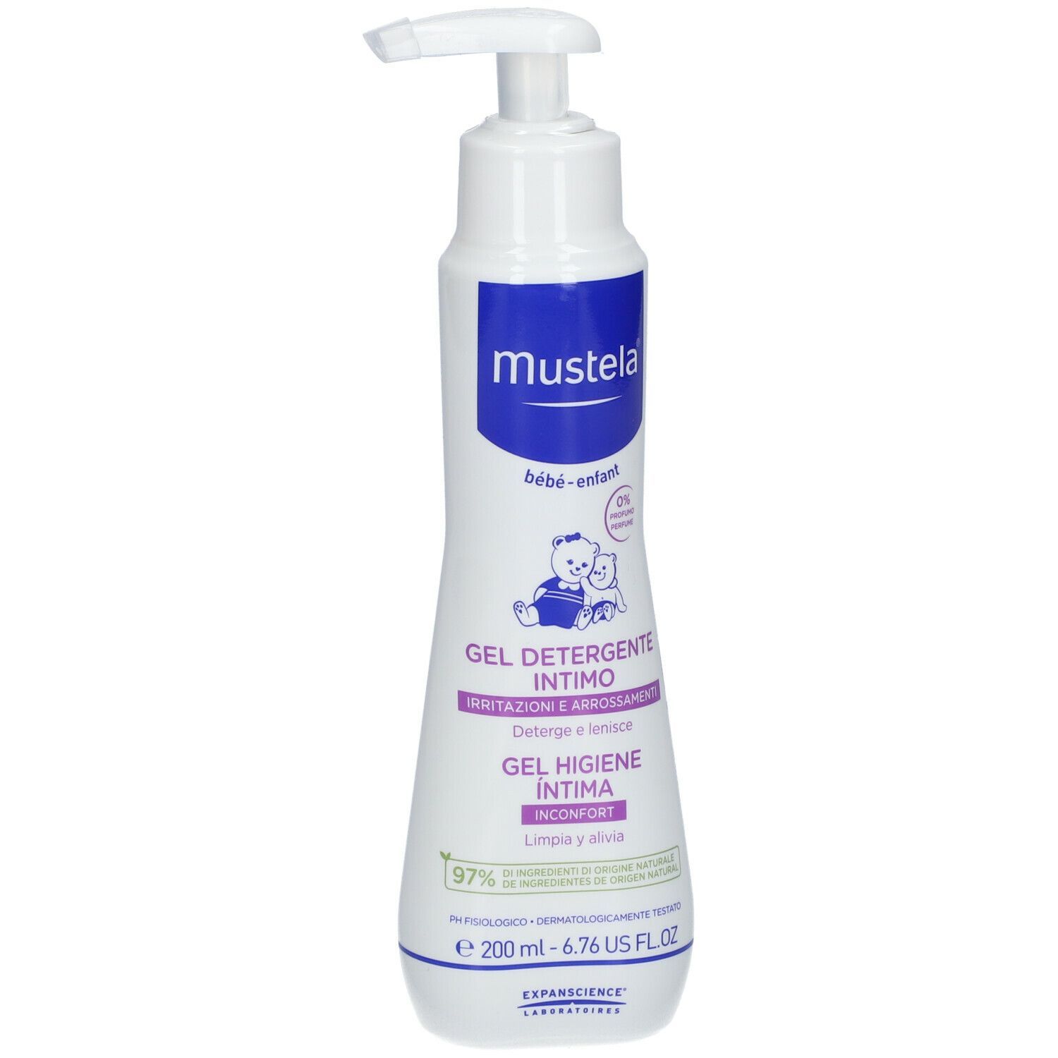 Flacone bianco con dosatore a pompa. Etichette blu con testo: Mustela, bébé-enfant, Gel Detergente Intimo.