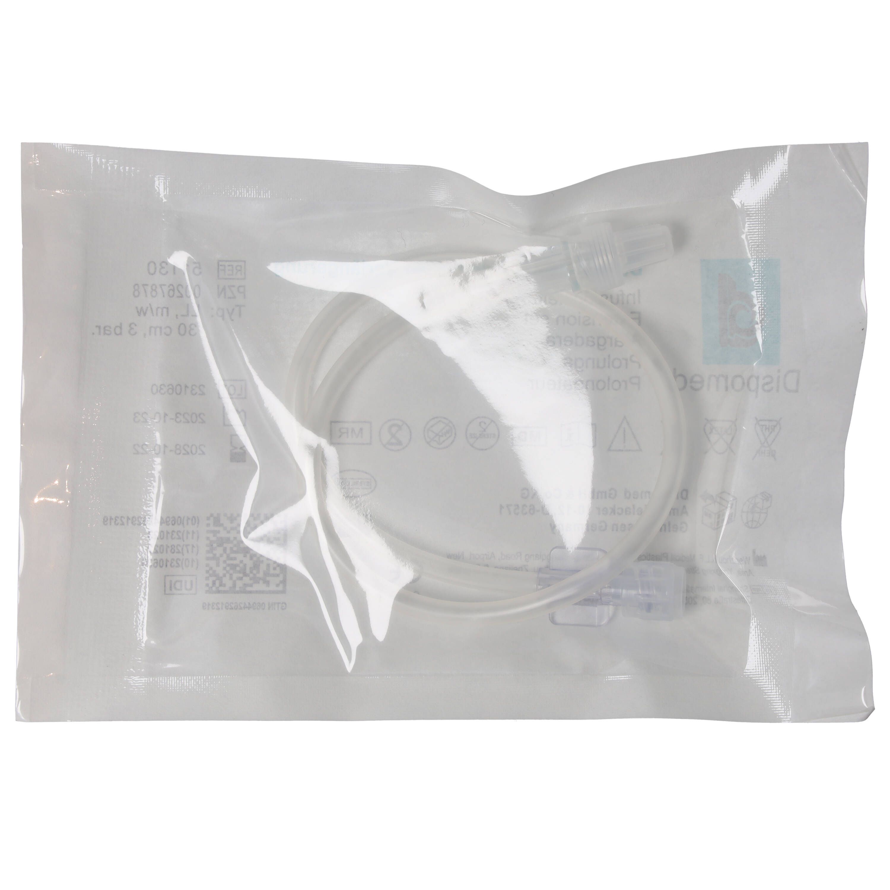 Verpackte, transparente Verlängerungsleitung. Produkt in versiegelter, transparenter Verpackung.