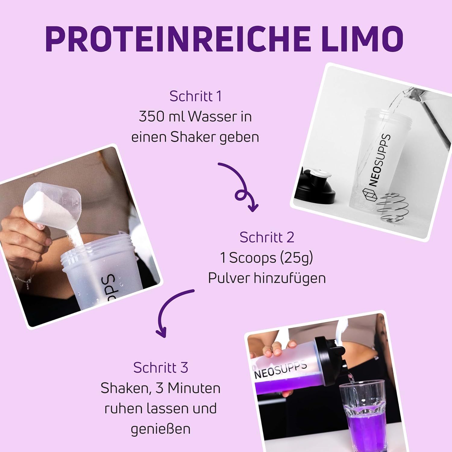 Schritt-für-Schritt-Anleitung zur Zubereitung eines Neosupps Clear Isolate Proteinshakes.