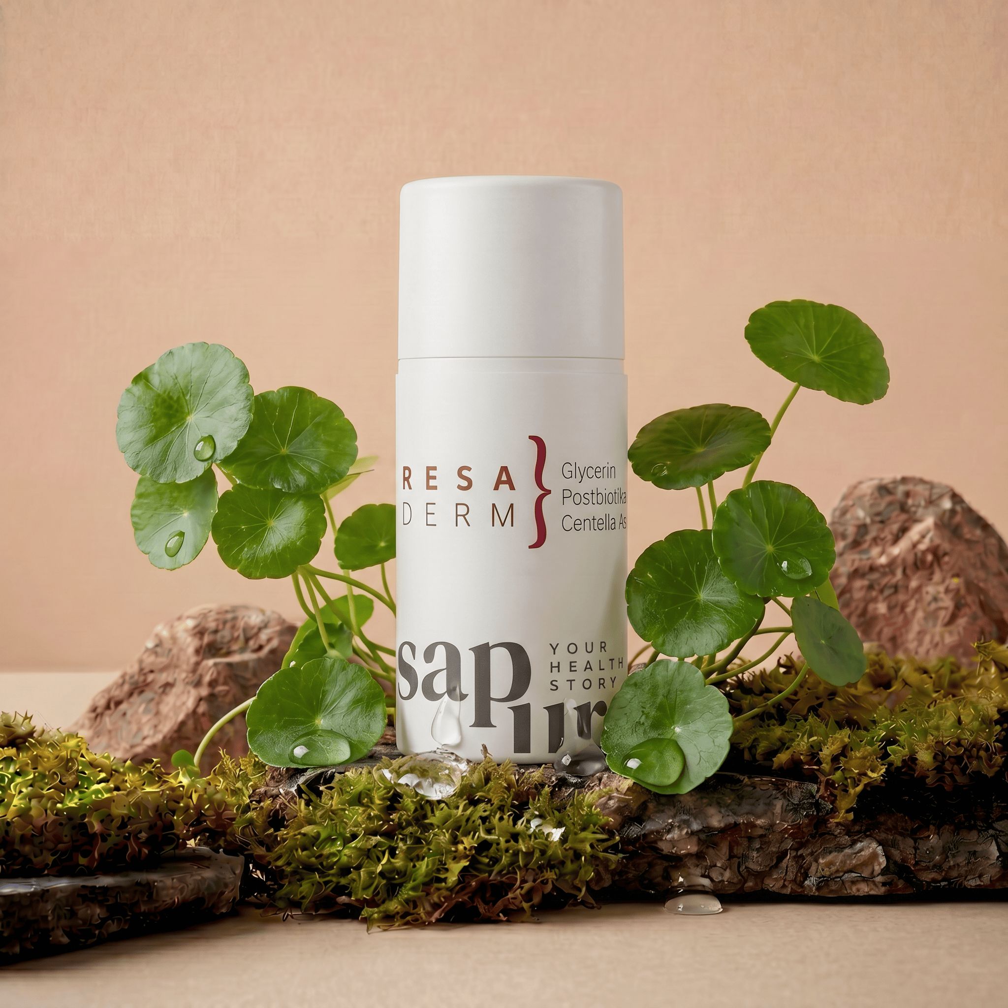 Weiße Pumpflasche umgeben von Pflanzen und Steinen. Produkt enthält Glycerin, Postbiotika, Centella Asiatica.