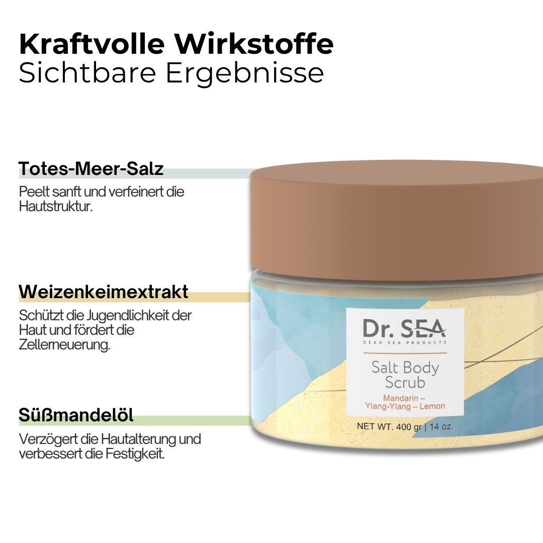 Produkt mit Text. Dr. SEA, Salt Body Scrub, Mandarine, Ylang-Ylang, Zitrone. Inhaltsstoffe: Totes-Meer-Salz, Weizenkeimextrakt, Süßmandelöl.