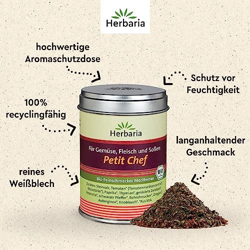 Herbaria Petit Chef Gewürzdose mit Pfeil-Annotationen zu Aromaschutz, Feuchtigkeitsschutz, Recyclingfähigkeit und reinem Weißblech.