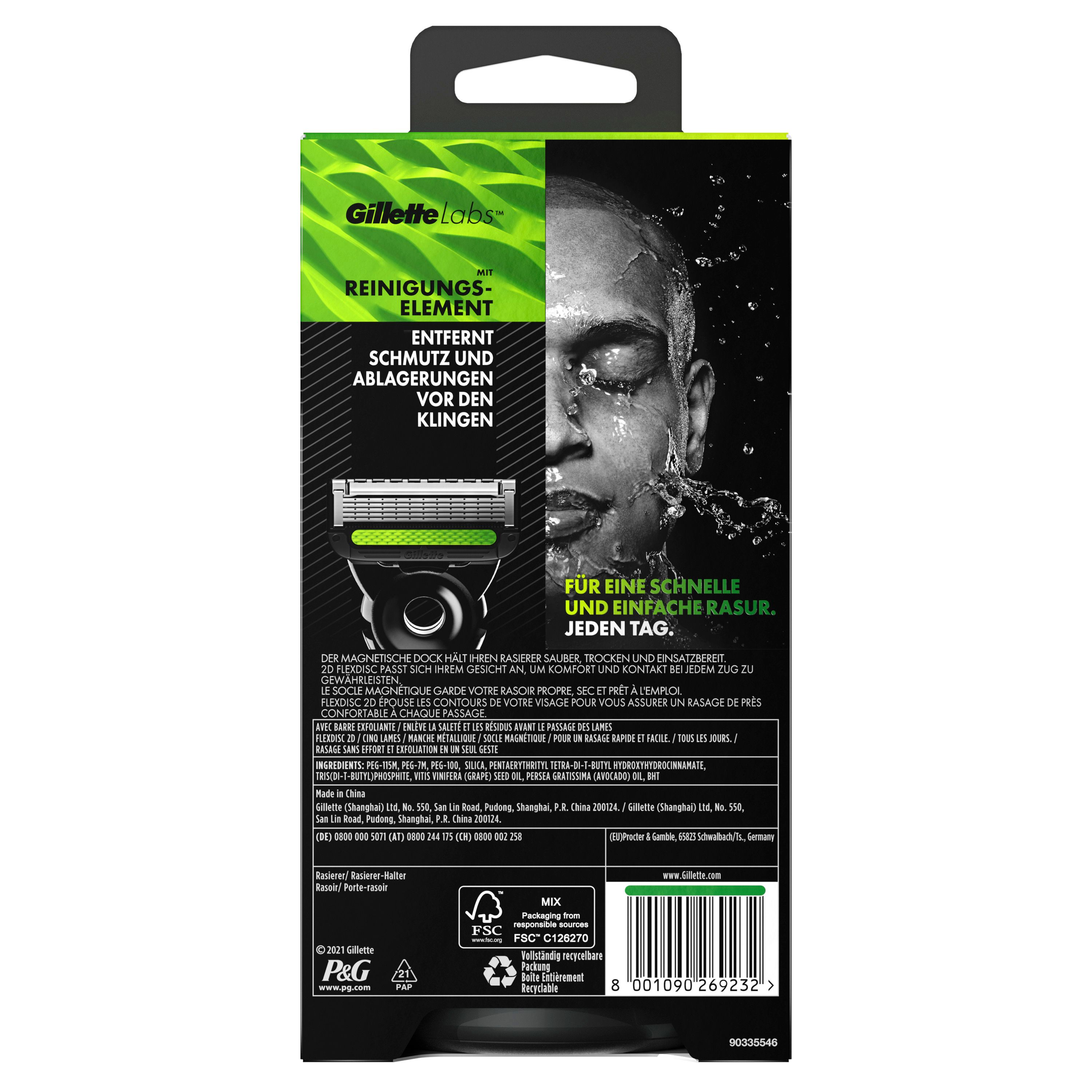Verpackung mit Rasierer. Text: Gillette Labs, Reinigungs-Element, entfernt Schmutz. Rückseite mit Mann und Wasser.