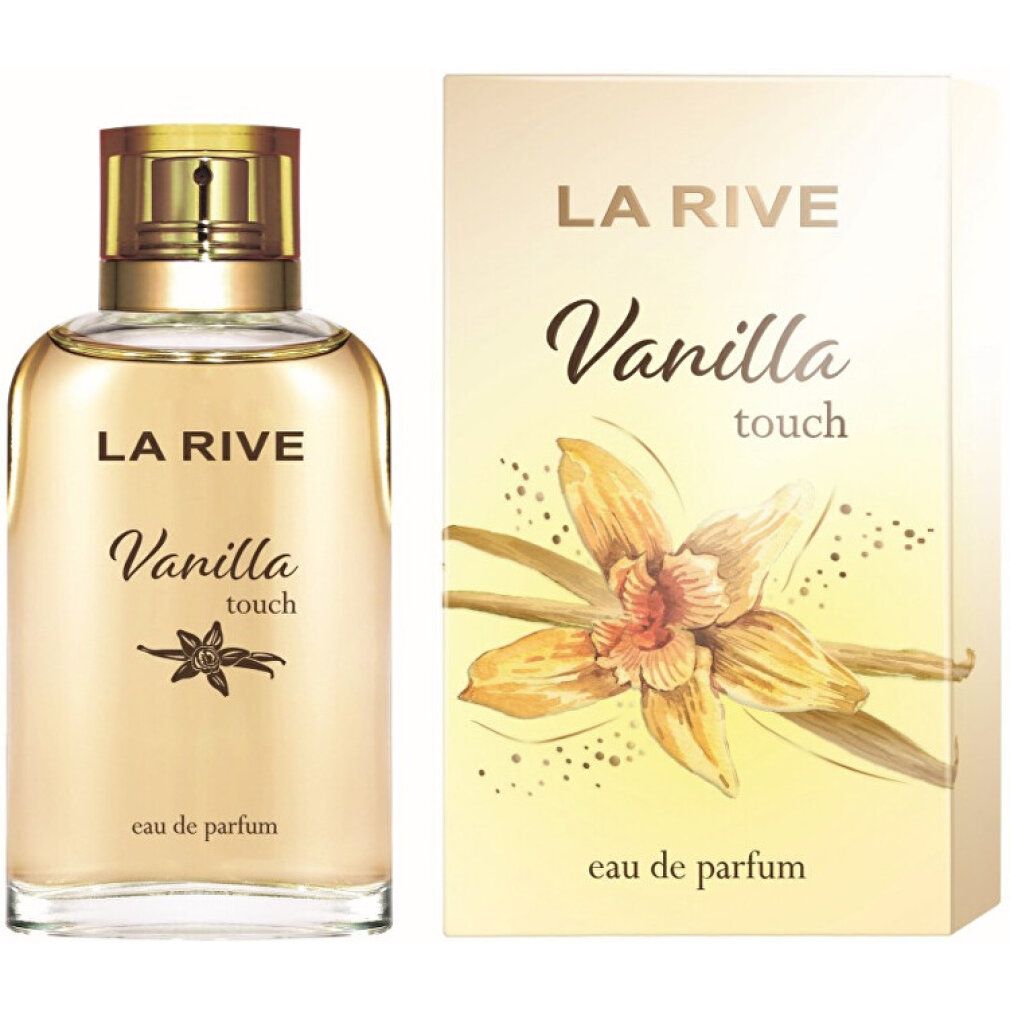 Parfümflakon und Verpackung. Aufschrift: La Rive Vanilla Touch Eau de Parfum. Abbildung einer Blüte.