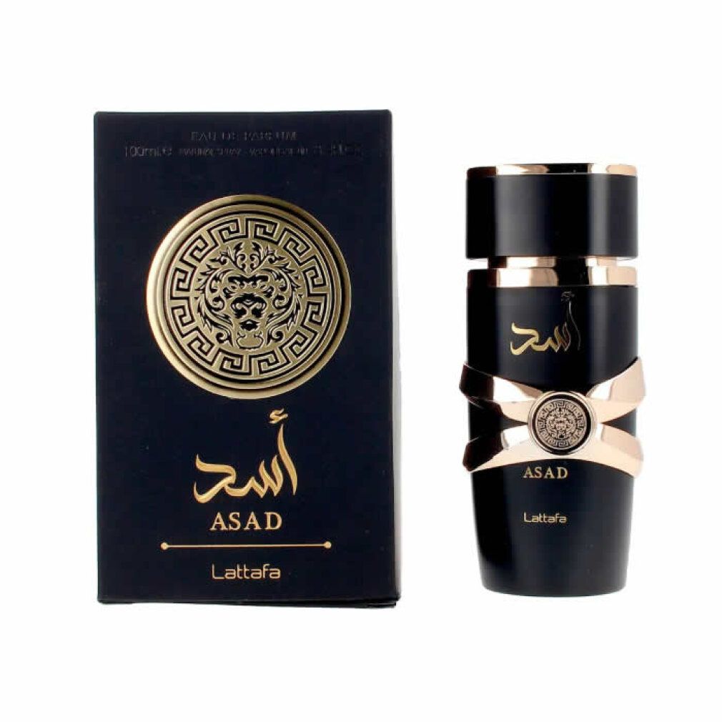Schwarze Box und Flasche mit goldenen Akzenten. Aufschrift "ASAD" und "Lattafa".