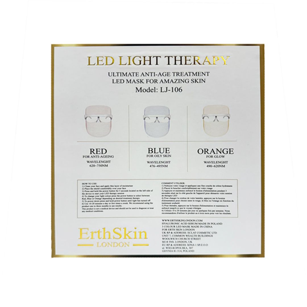 Rückseite der ErthSkin London-Verpackung. Text: LED-Lichttherapie, Ultimate Anti-Age-Behandlung. Diagramm mit Farben: Rot, Blau, Orange. Marke und Logo.