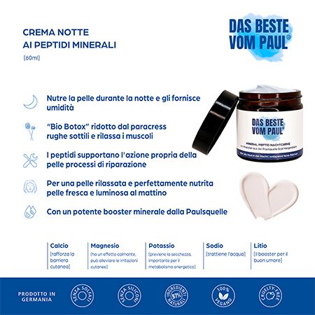 Descrizione del prodotto con barattolo, coperchio e crema. Testo: CREMA NOTTE AI PEPTIDI MINERALI, ingredienti, vantaggi, certificati.