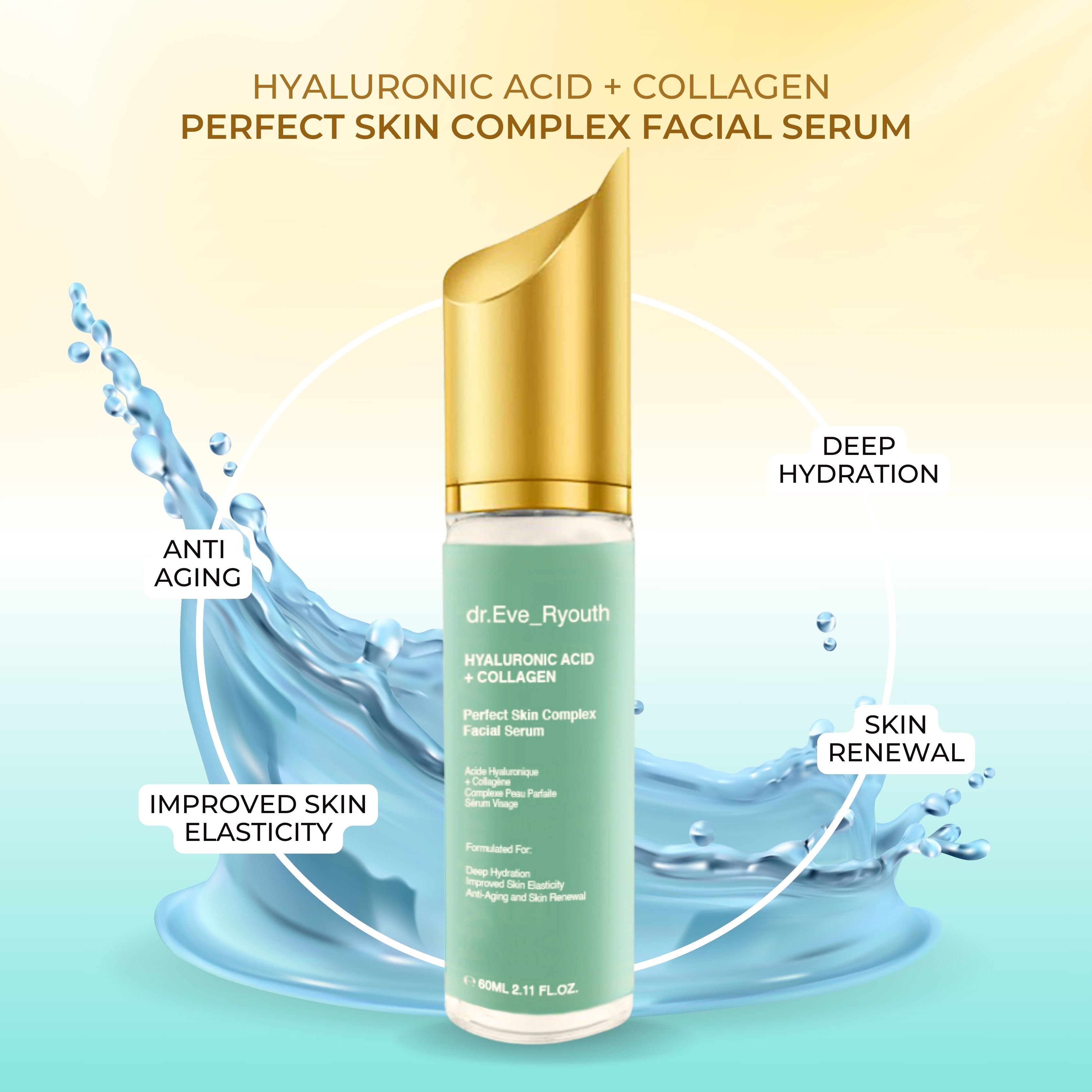 Serumflasche mit goldener Kappe, umgeben von Wasser. Beschriftung: Hyaluronsäure + Kollagen, Perfect Skin Complex Facial Serum.