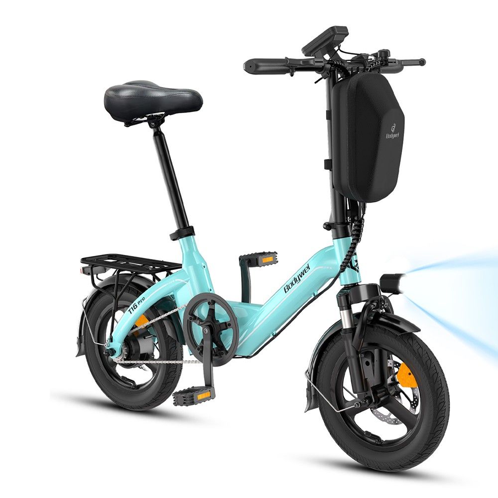 Hellblaues Elektrofahrrad mit schwarzem Gepäckträger, Sattel und Lenker. Scheinwerfer leuchtet. "T16 Pro" Schriftzug.