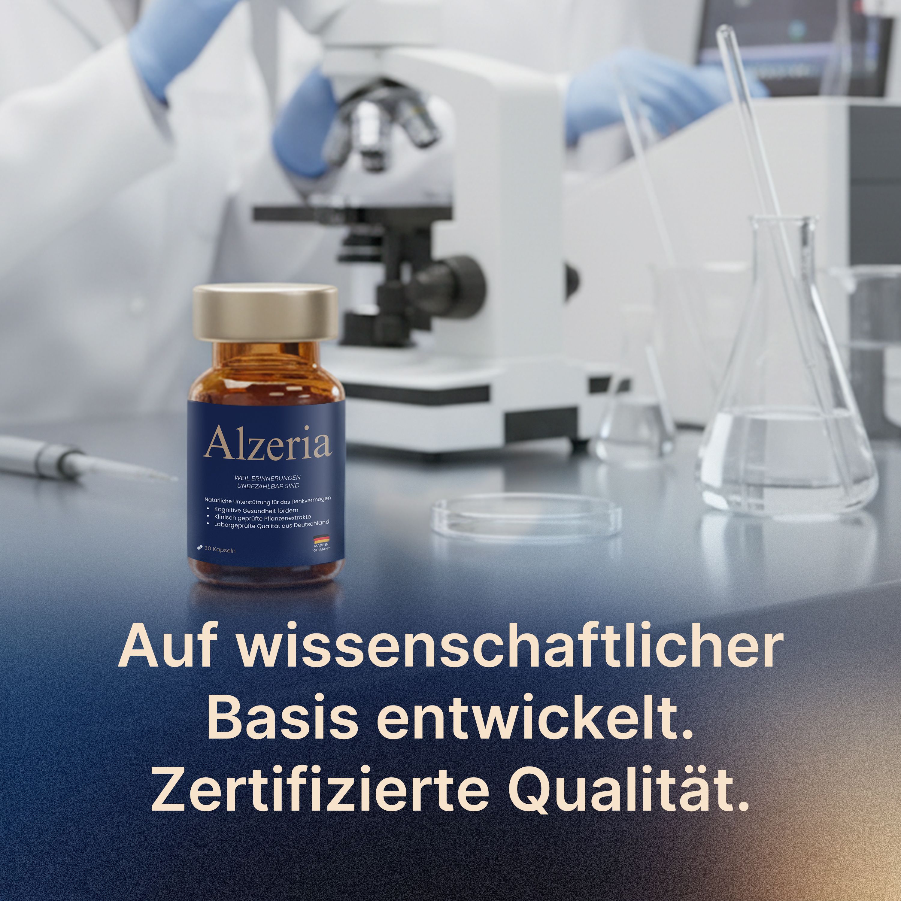 Flasche Alzeria neben Mikroskop und Laborutensilien. Text: Auf wissenschaftlicher Basis entwickelt. Zertifizierte Qualität.