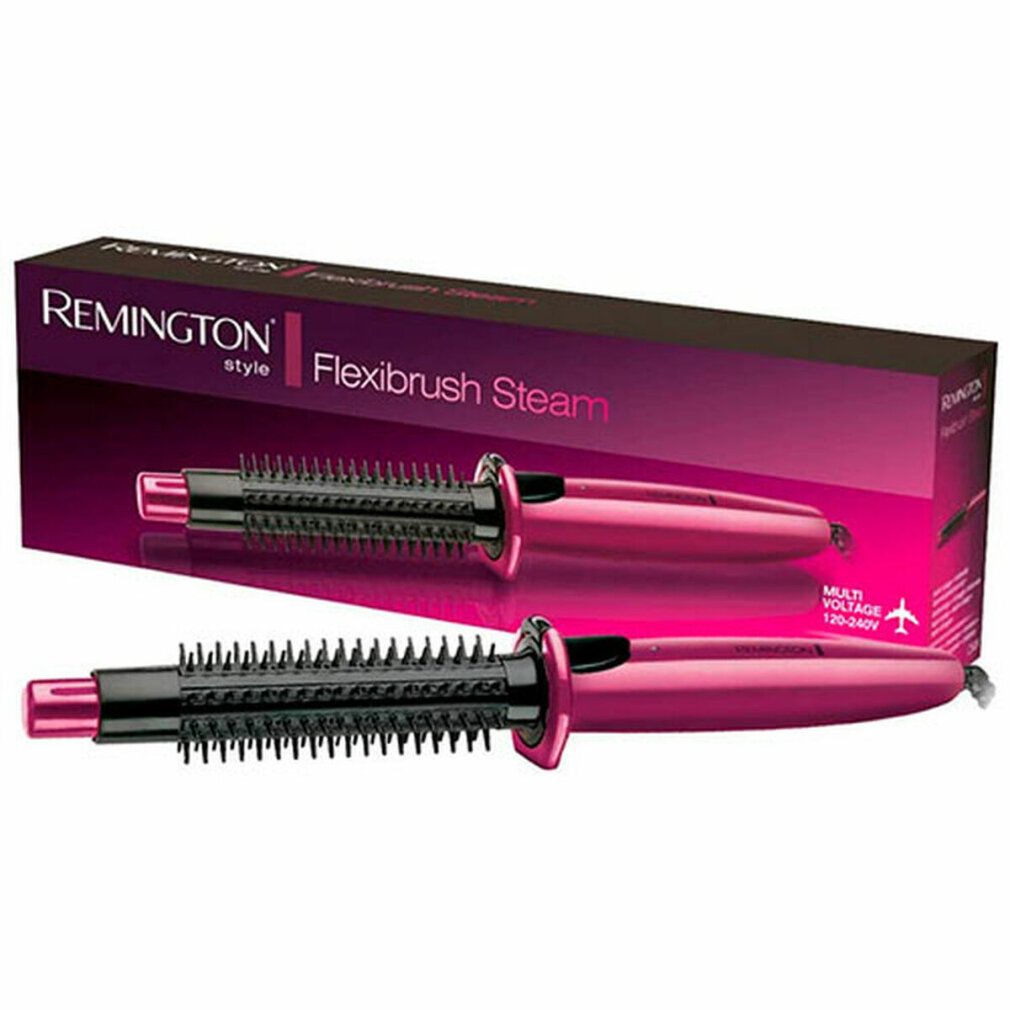 Dampfbürste mit Verpackung. Rosa-schwarze Bürste mit schwarzem Borstenkopf. Verpackung mit Schriftzug Remington Flexibrush Steam.