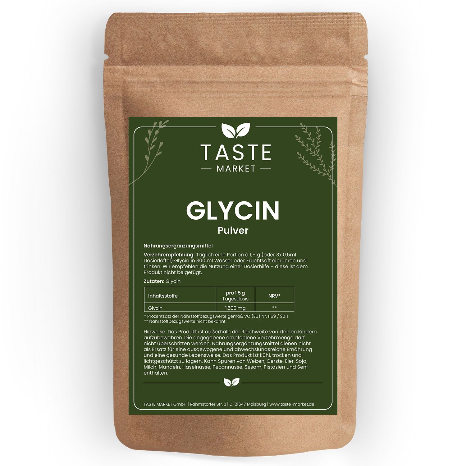 Braune Papiertüte mit dem Etikett 'Taste Market Glycin Pulver'. Enthält Nährwertangaben und Produktinformationen.