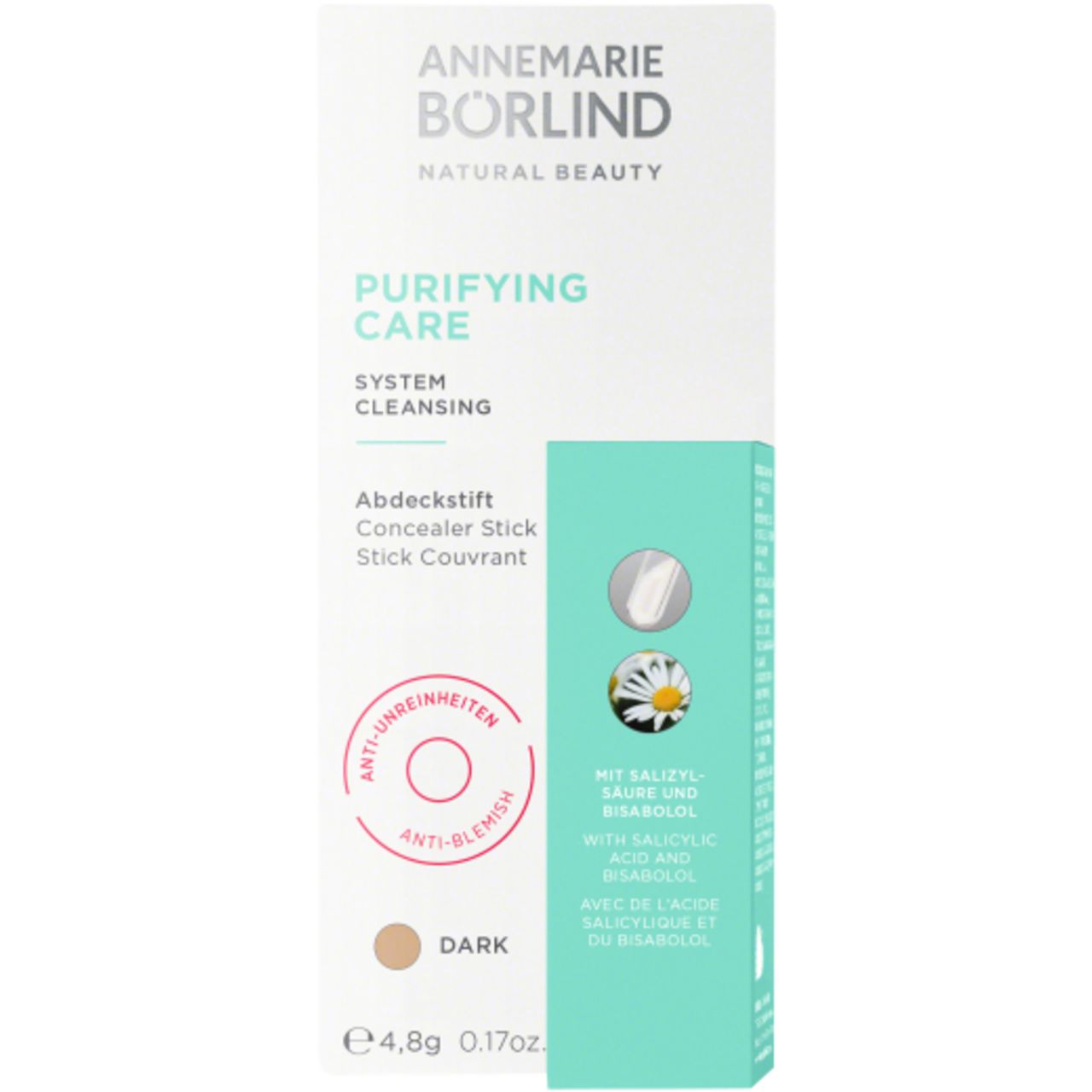 Verpackung von ANNEMARIE BÖRLIND Abdeckstift Dark. Weißes Etui mit Produkt und türkisfarbener Seite. Aufschrift: PURIFYING CARE.