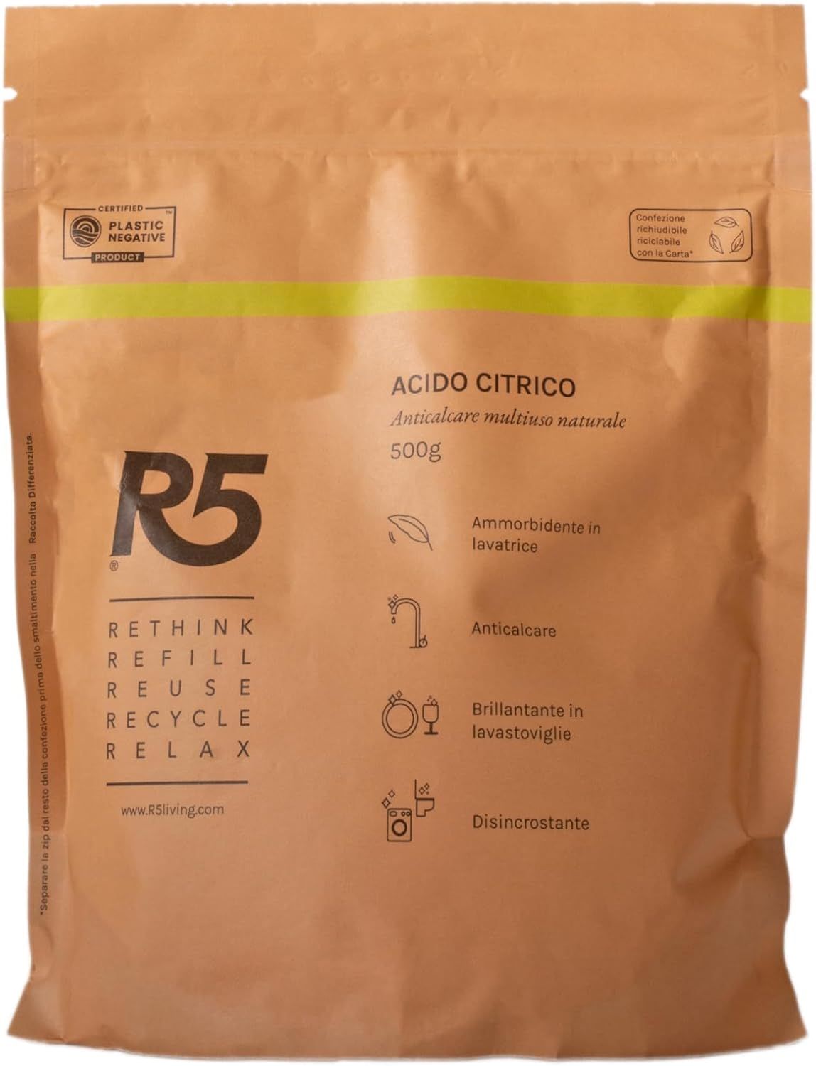 Beutel mit Zitronensäure. Text: Acido Citrico, Anticalcare multiuso naturale, 500g, R5, Rethink, Refill, Reuse, Relax.