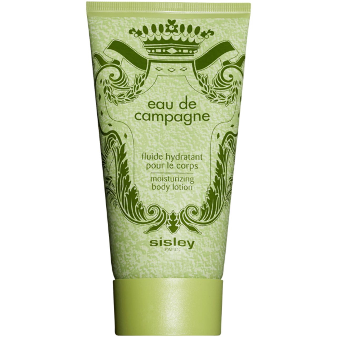 Grüne Tube mit Schriftzug Eau de Campagne, Fluide Hydratant pour le corps, Sisley. Logo und Text.