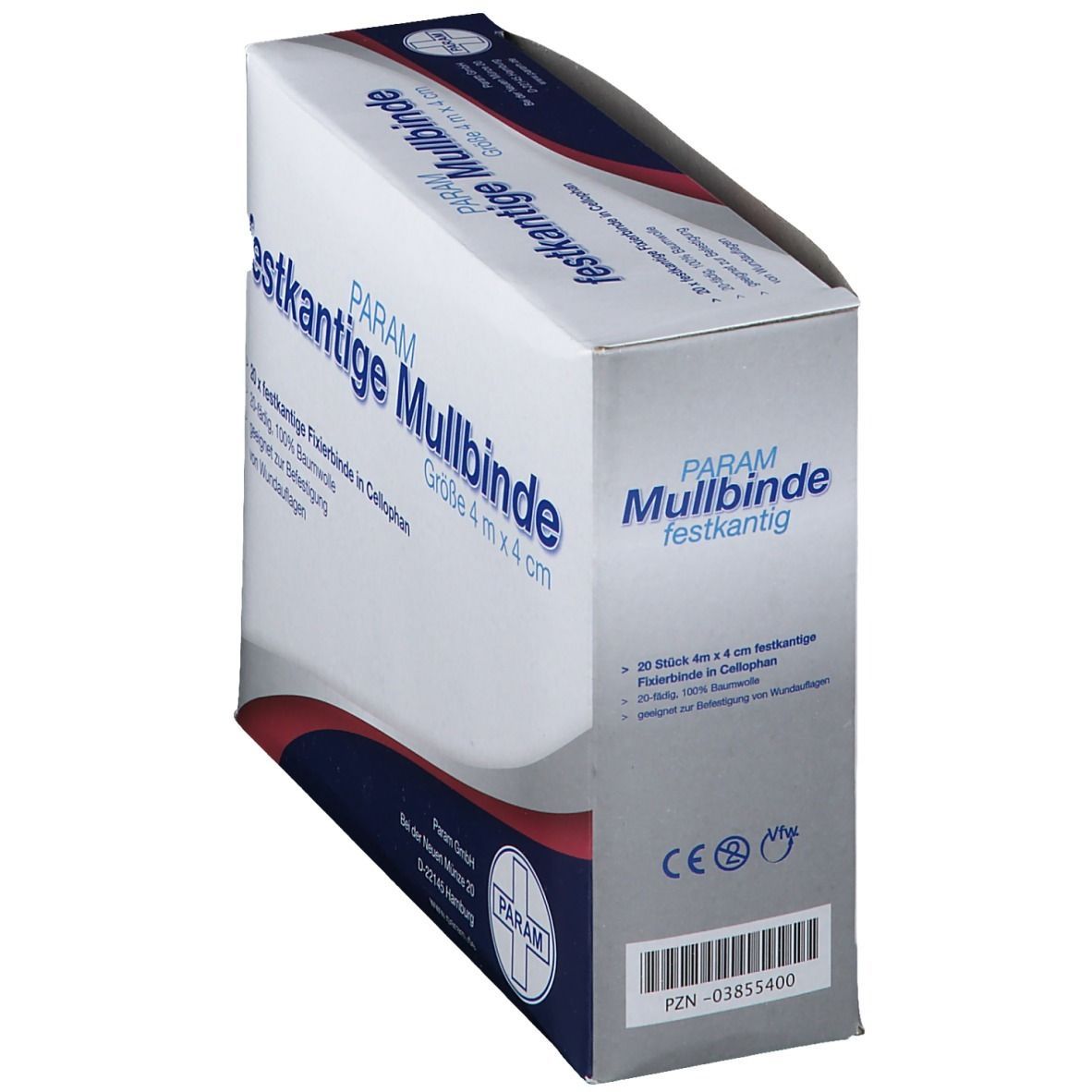 PARAM Mullbinde, festkantige Fixierbinde in Cellophan, Größe 4 m x 4 cm. Verpackung mit 20 Stück. 100% Baumwolle.