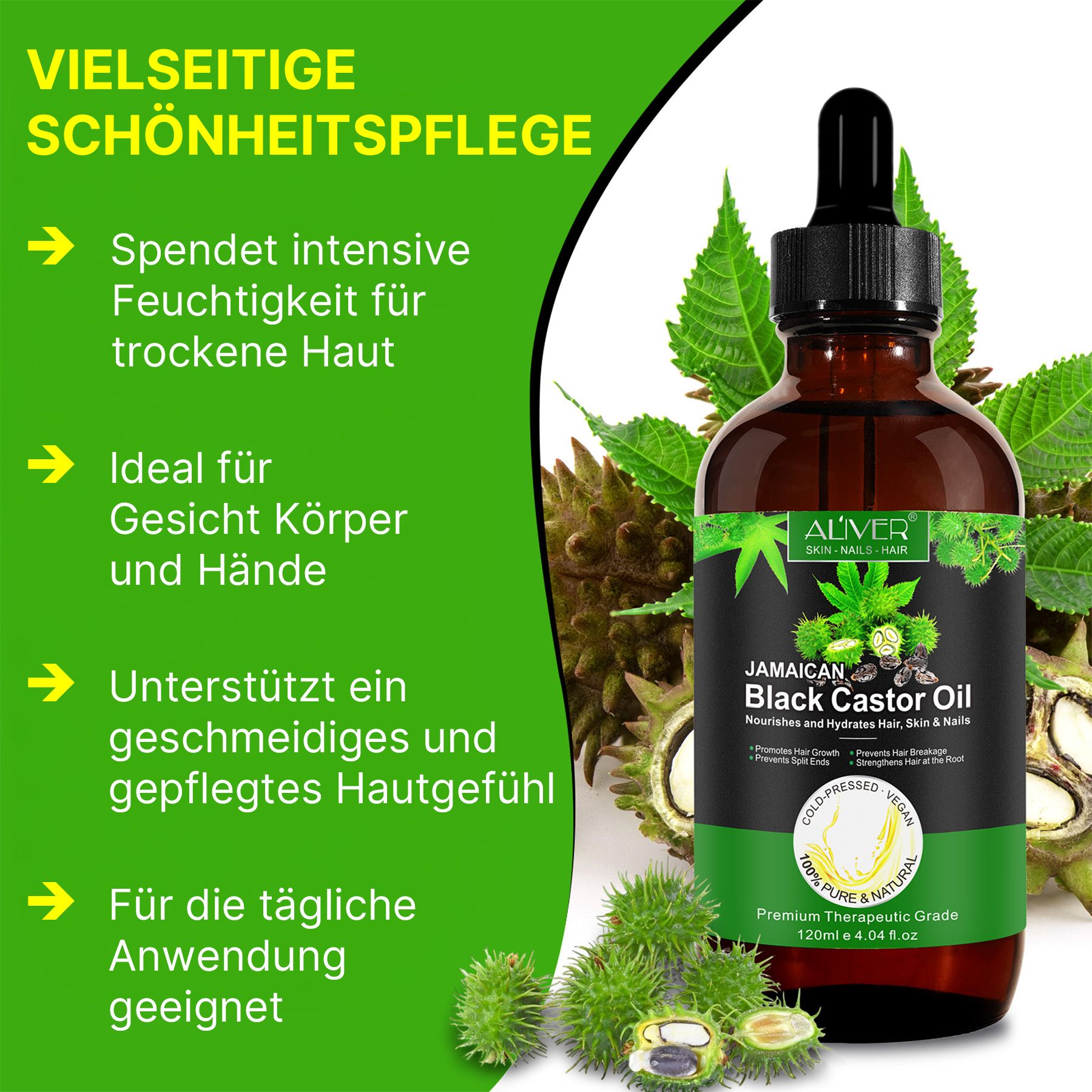 Braune Glasflasche mit Pipette, gefüllt mit schwarzem Rizinusöl. Beschriftung: "Jamaican Black Castor Oil".
