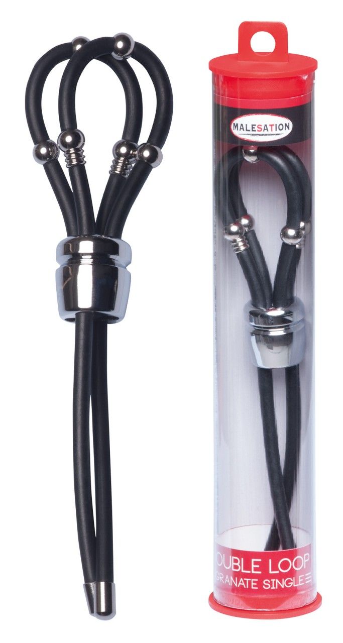 Schwarzes Produkt neben Verpackung. Produkt mit zwei Schlaufen, Metallkugeln und Chrom-Element. Verpackung mit rotem Deckel.