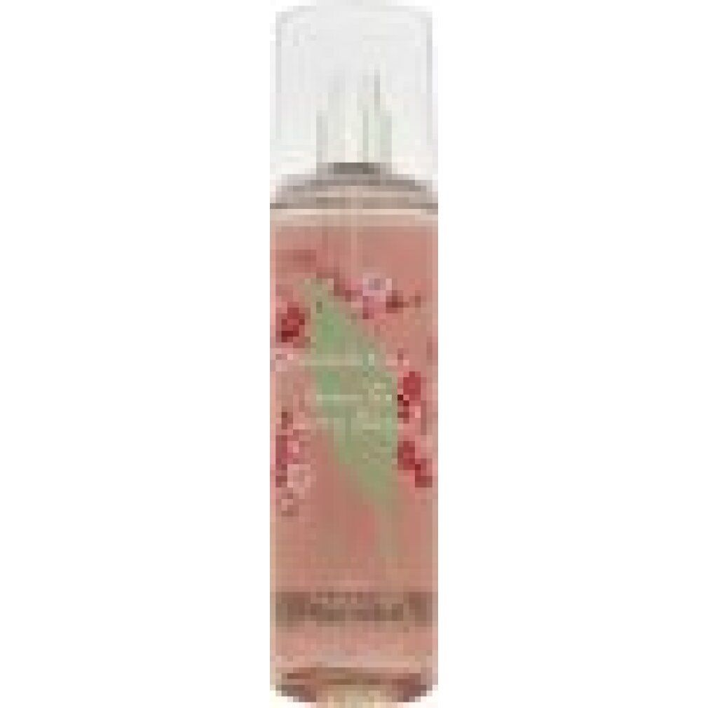 Zylindrische Flasche mit Zerstäuber und transparenter Kappe. Rosa Flüssigkeit, Etikett mit Blüten und Schriftzug.