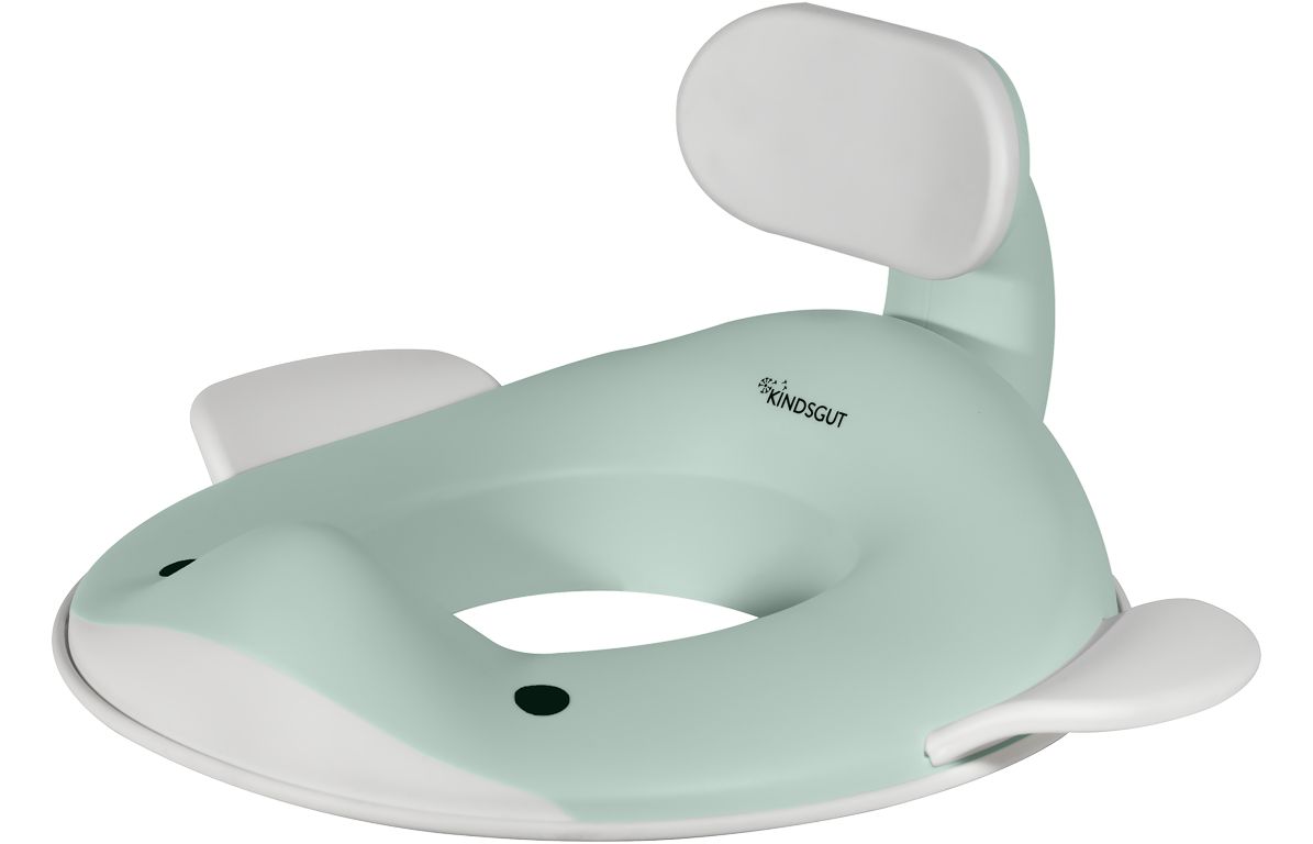 Aquamarinfarbener Toilettensitz in Walform mit weißem Rücken- und Seitenstützen. Logo Kindsgut.