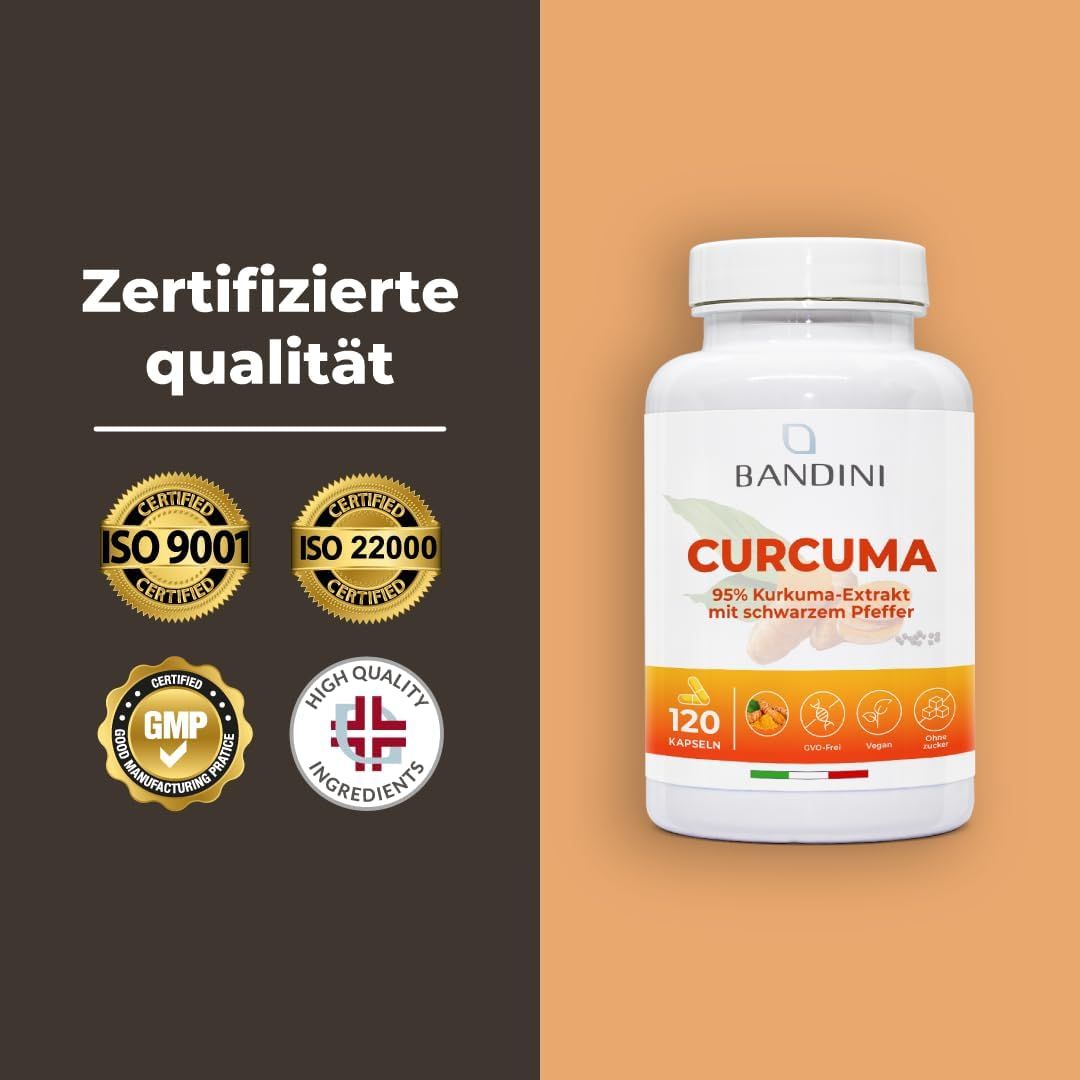 Weiße Flasche mit Kapseln. Aufschrift: Bandini Curcuma. Zertifizierungen. Hintergrund orange.