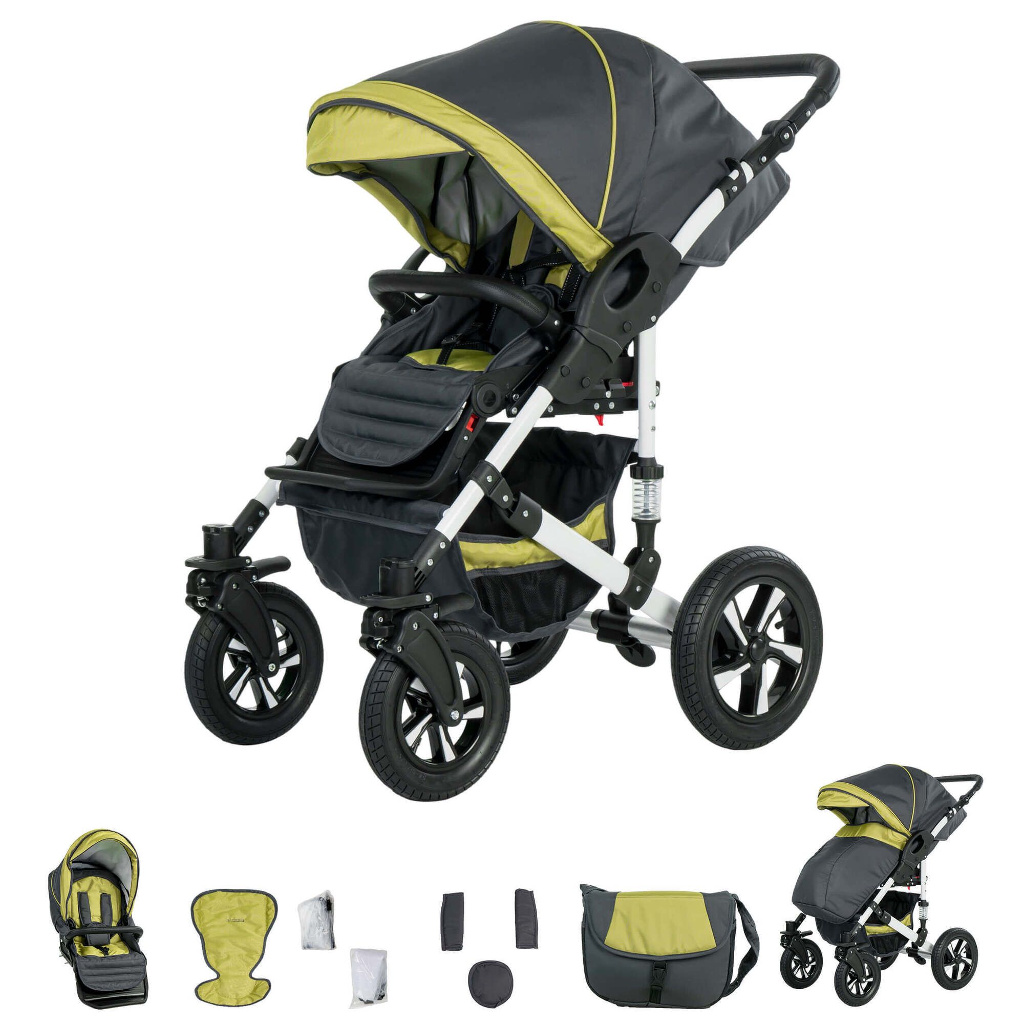 Friedrich Hugo Hamburg 4 in 1 Kinderwagen Komplettset ISOFIX Basis Hartgummireifen, Grey & Green