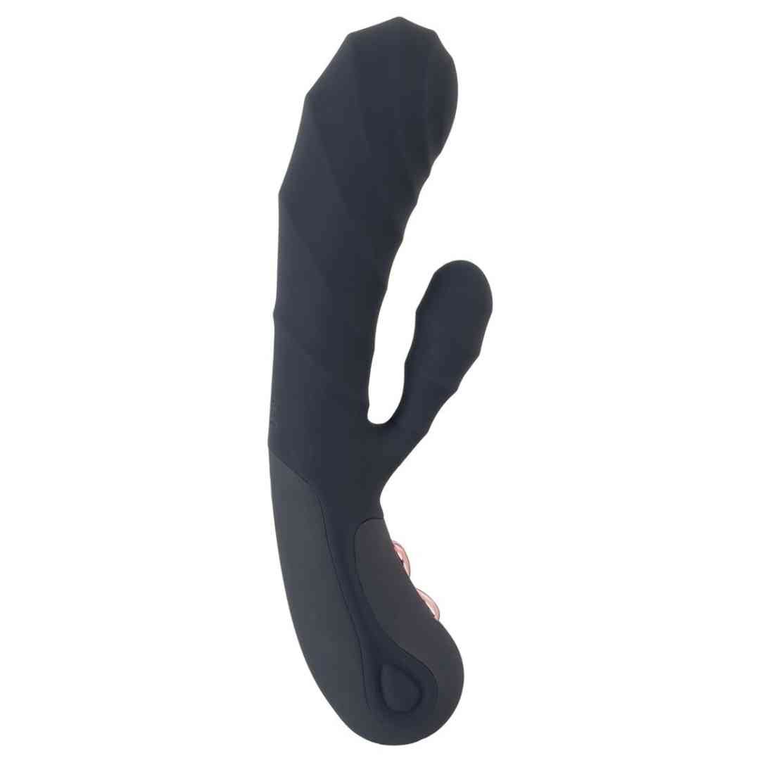Dunkelgrauer Vibrator mit geriffelter Oberfläche und zwei Vorsprüngen. Mit Bedienknöpfen.