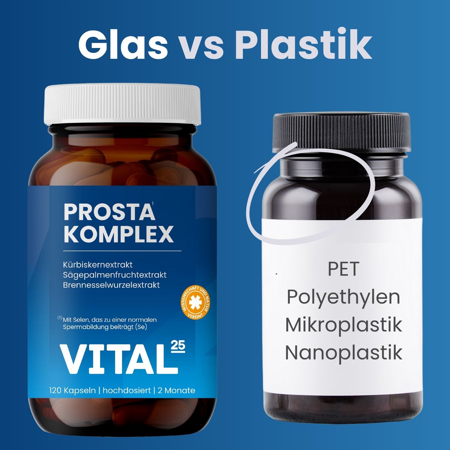 Vergleich von Glas- und Kunststoffbehältern für Vital25® Prosta Komplex Kapseln. Braunglas- und schwarzer Kunststoffbehälter.