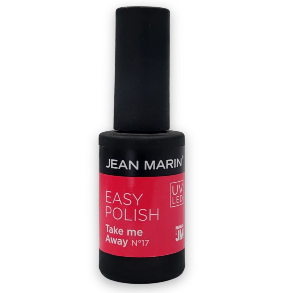 Schwarze Flasche mit rotem Etikett. Aufschrift: JEAN MARIN, EASY POLISH, Take me Away N°17. UV LED-Logo.