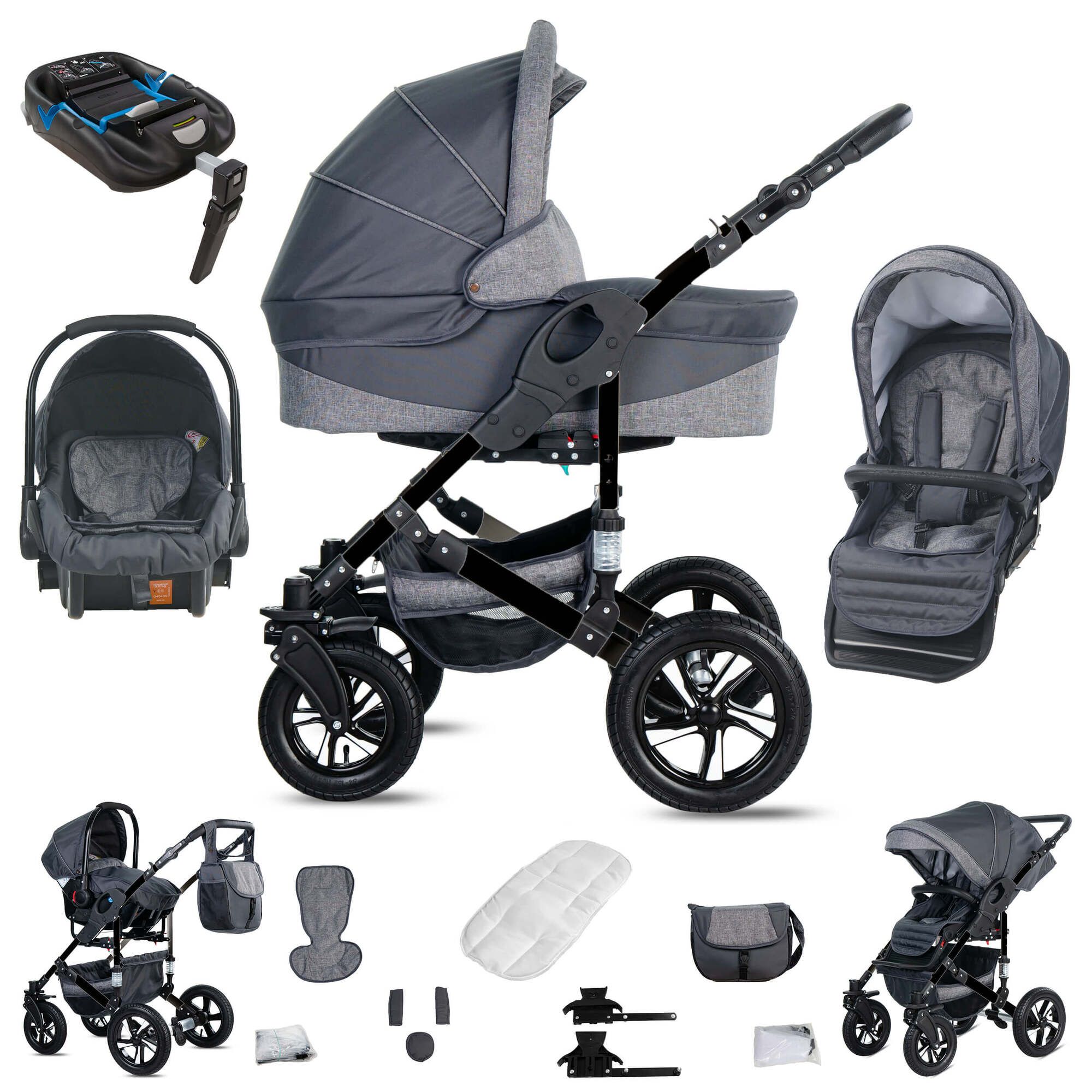 Friedrich Hugo Münster 4 in 1 Kinderwagen Komplettset ISOFIX Basis Luftreifen, Grey & Grey Linen