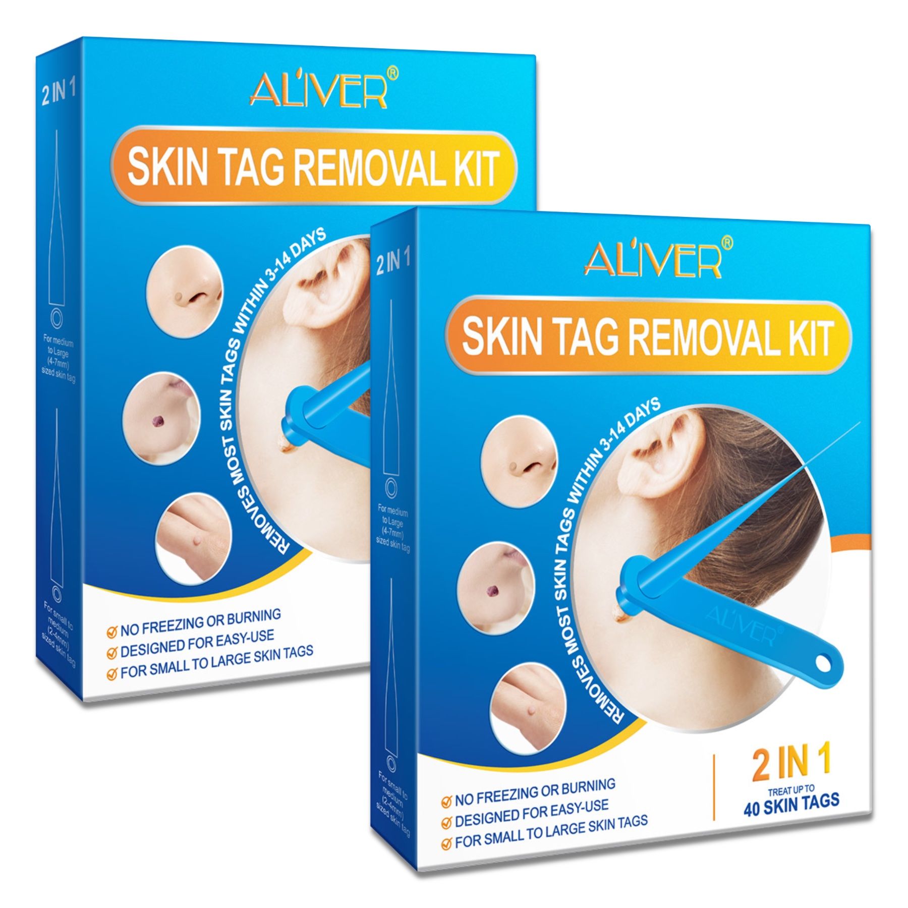 Zwei blaue Kartons mit Produktabbildung und Text. Aufschrift: ALIVER Skin Tag Removal Kit. Enthält einen Applikator.