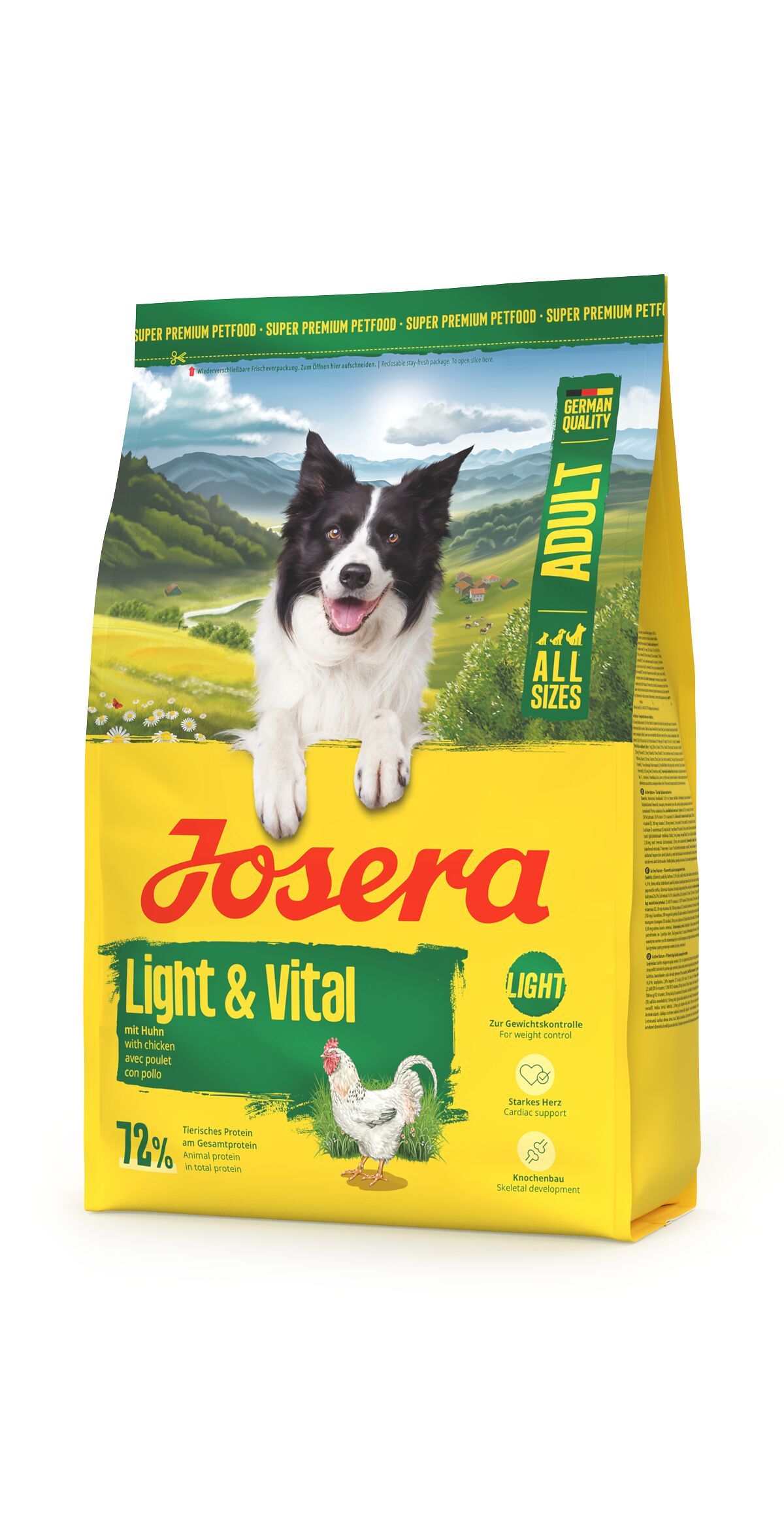 Gelbe Verpackung mit Hund und Huhn. Aufschrift JOSERA Light & Vital. Enthält 72% tierisches Protein.