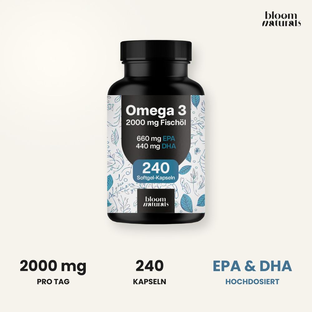 Omega 3 Fischöl Kapseln: 2000 mg pro Tag, 240 Kapseln, EPA & DHA hochdosiert. Bloom Naturals.