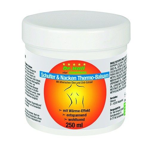 Weißer Tiegel mit rotem Etikett. Text: Dr. Hall Schulter & Nacken Thermo-Balsam. 250 ml. Abbildung eines Rückens.
