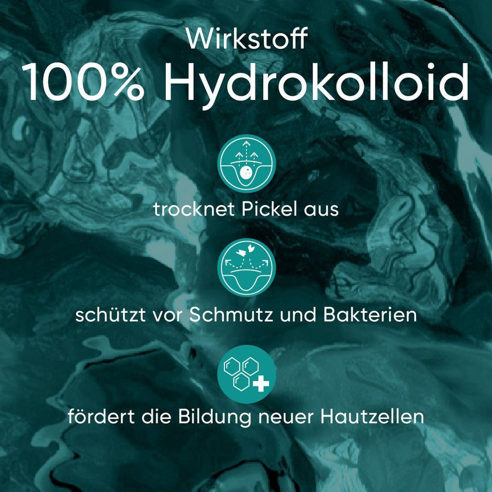 Grafik mit Text: 100% Hydrokolloid. Trocknet Pickel aus, schützt vor Schmutz und Bakterien.
