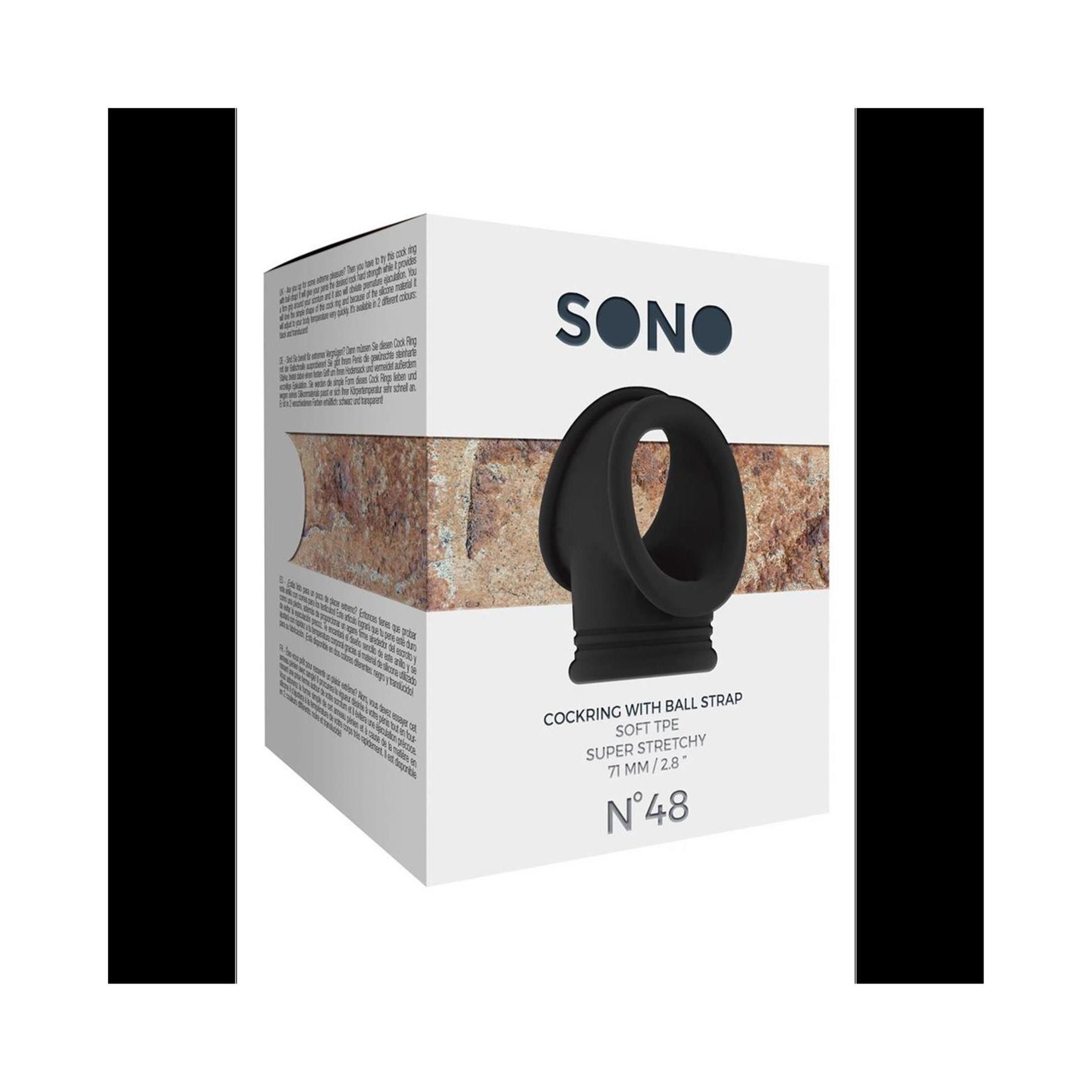 Verpackung von Sono Cockring. Schwarzer Cockring mit Ball Strap. Text: SONO, Cockring with Ball Strap, Soft TPE, Super Stretchy, 71 mm / 2.8", N°48.