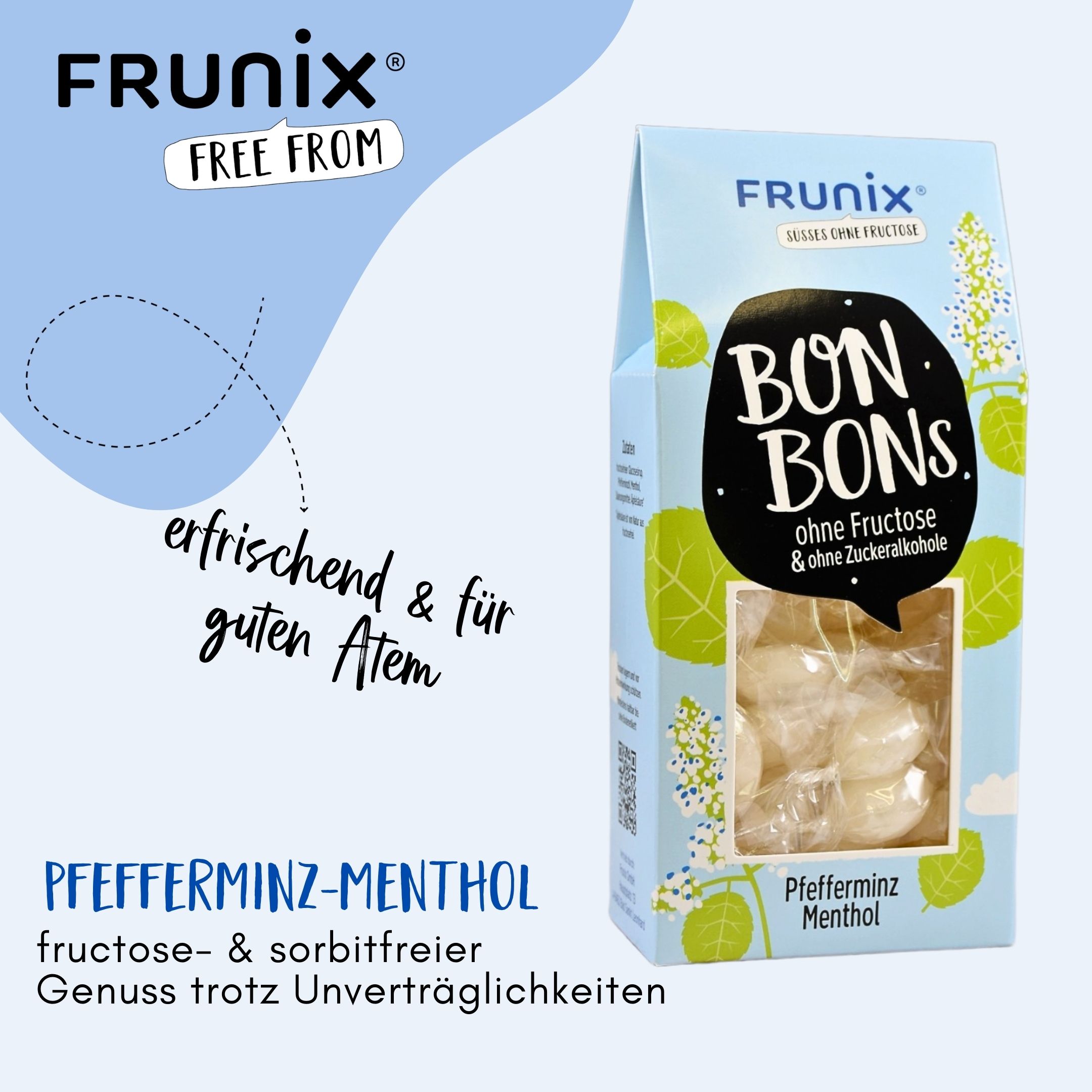 Hellblaue Verpackung mit Bonbons. Aufschrift: FRUNIX, BON BONS, ohne Fructose & ohne Zuckeralkohol. Pfefferminz-Menthol. Fructose- & sorbitfreier Genuss trotz Unverträglichkeiten.