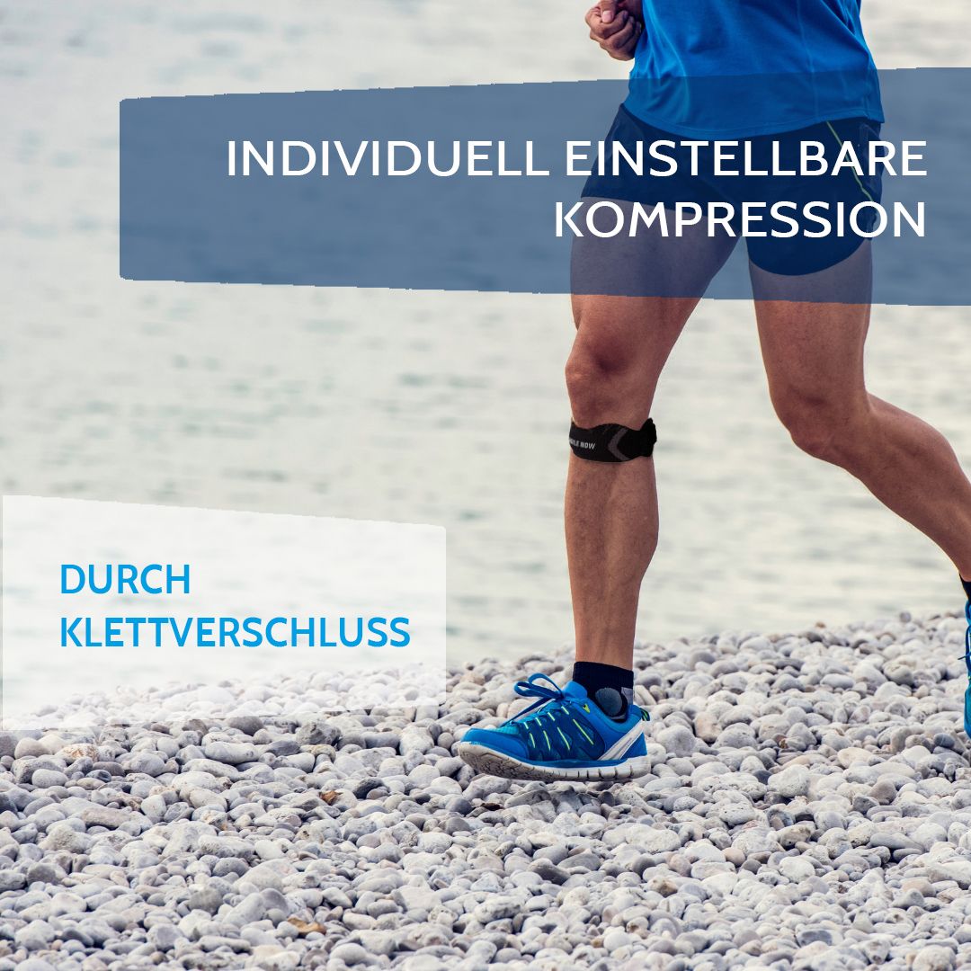 Mann beim Laufen mit Kniebandage. Text: "INDIVIDUELL EINSTELLBARE KOMPRESSION DURCH KLETTVERSCHLUSS".