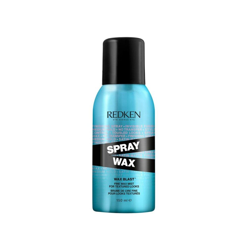 Hellblaue Sprühflasche mit schwarzem Deckel. Aufschrift: Redken Spray Wax. Text in Englisch und Französisch. 150 ml.