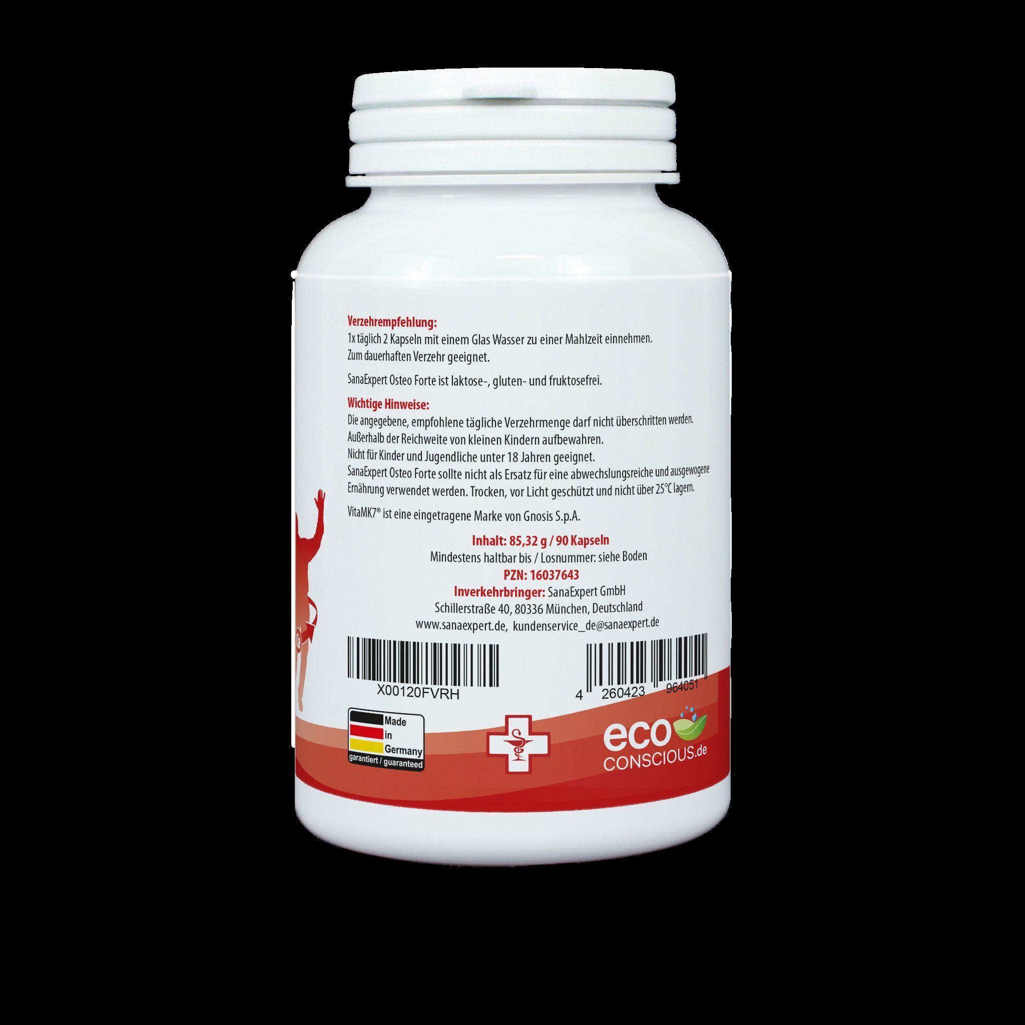 Rückseite der weißen Flasche SanaExpert Osteo Forte. Text: Anwendung, Hinweise. Logo: Eco Conscious. QR-Code und Barcode.