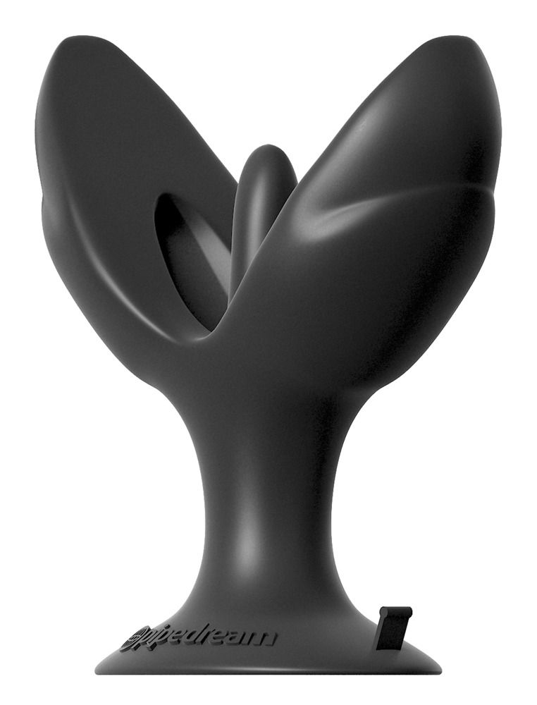 Schwarzes Wellness-Produkt. Form mit zwei Flügeln und einem zentralen Element. Basis mit Logo.