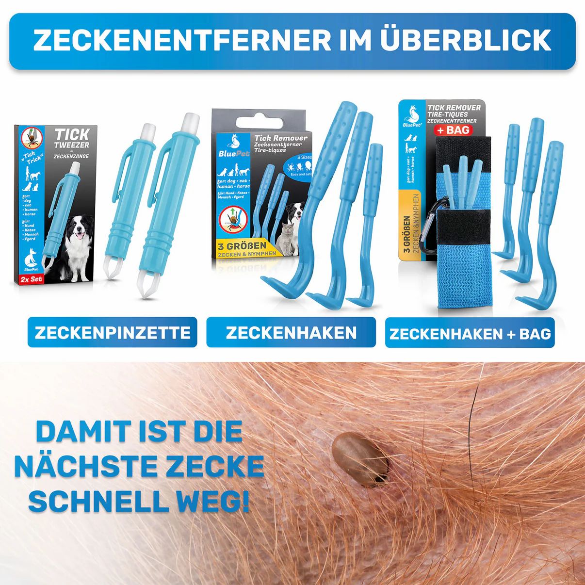 Verschiedene Zeckenentferner-Produkte. Zeckenpinzette, Zeckenhaken und Zeckenhaken mit Tasche. Text: 'DAMIT IST DIE NÄCHSTE ZECKE SCHNELL WEG!'