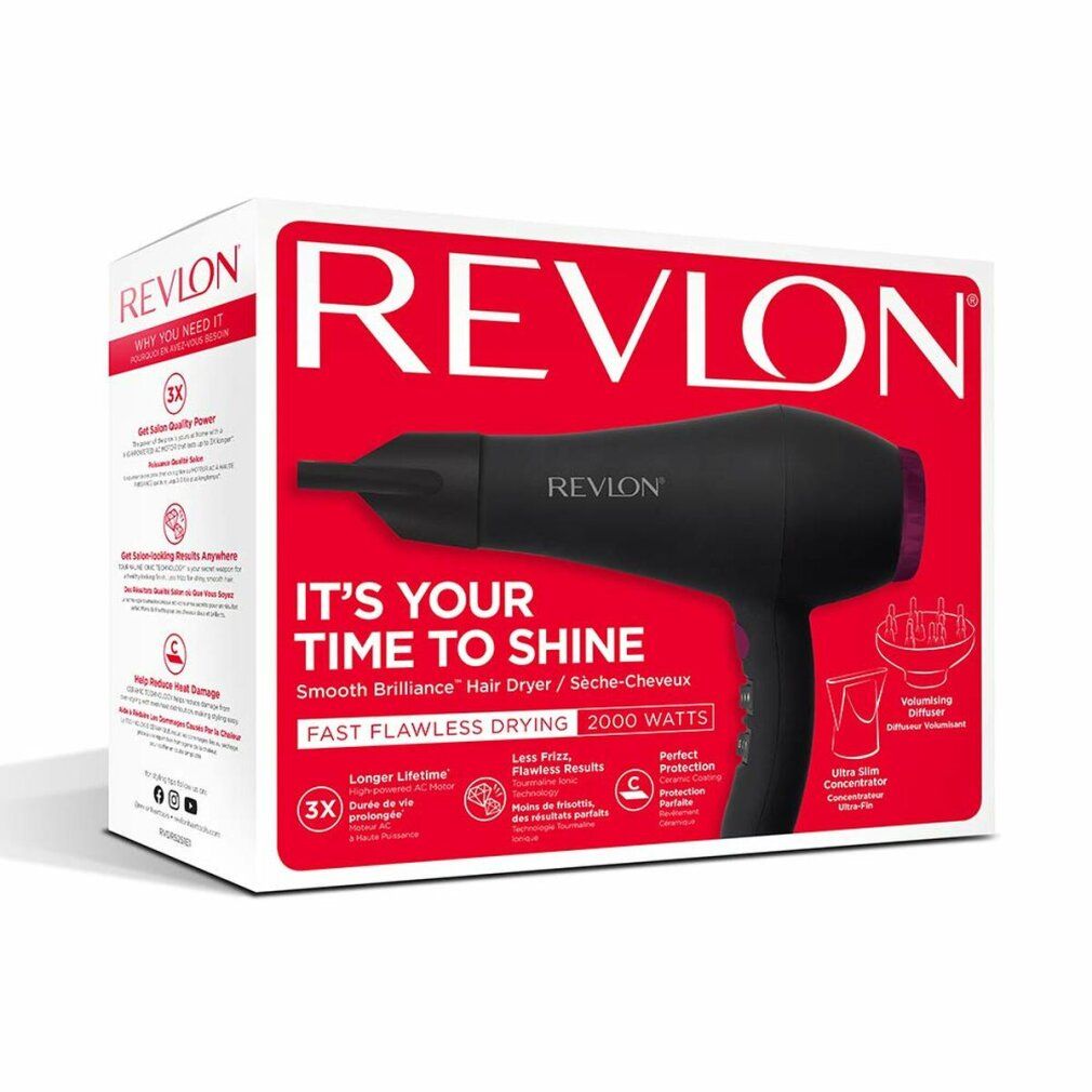 Verpackung eines Haartrockners. Marke Revlon. Text: It's your time to shine. 2000 Watt. Mit Produktabbildung.