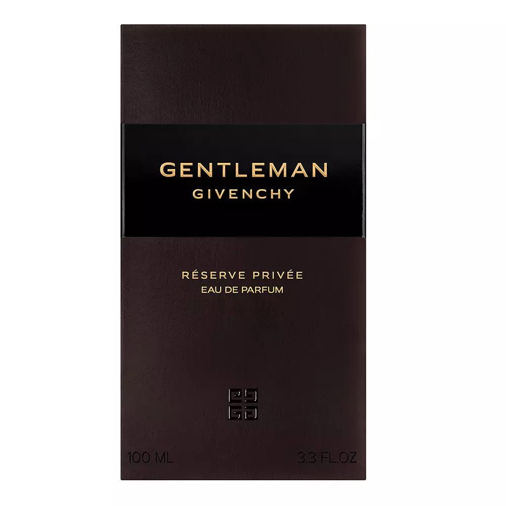 Braune rechteckige Verpackung mit schwarzem Streifen und goldener Schrift: GENTLEMAN Givenchy. Darunter: RÉSERVE PRIVÉE EAU DE PARFUM.