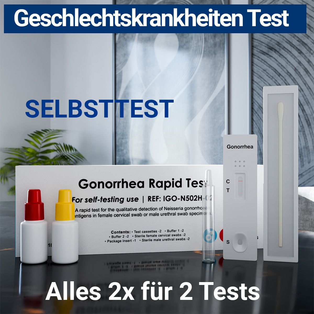 Geschlechtskrankheiten Test: Gonorrhoe Schnelltest für 2 Personen. Enthält Fläschchen, Röhrchen, Testkassette und Tupfer.