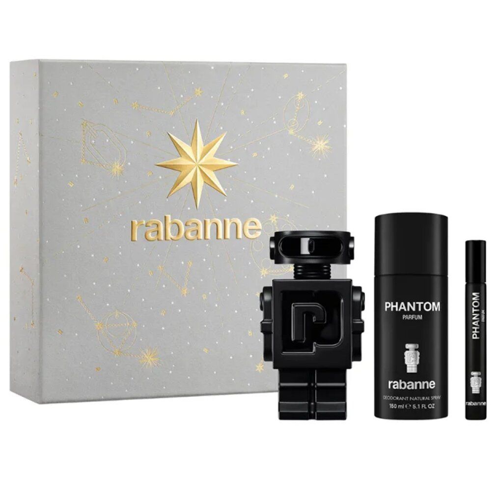 Geschenkset mit grauer Schachtel, Stern-Dekor, goldener Schriftzug. Schwarzer Roboter-Flakon, schwarzer Spray, schwarzer Roll-on.
