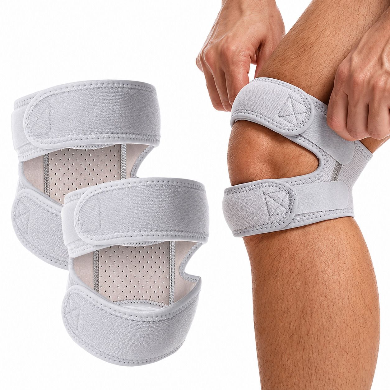 Zwei graue Kniebandagen. Eine am Bein, eine daneben. Klettverschlüsse und perforiertes Material sichtbar.