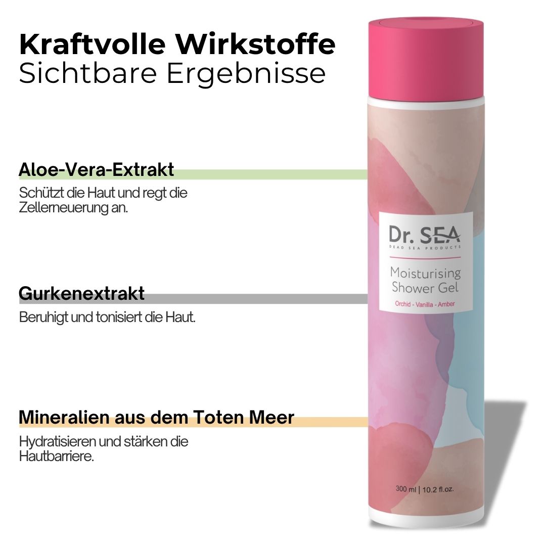 Flasche neben Text. Text: Aloe-Vera-Extrakt, Gurkenextrakt, Mineralien aus dem Toten Meer. Dr. SEA, Moisturising Shower Gel, Orchidee & Vanille.